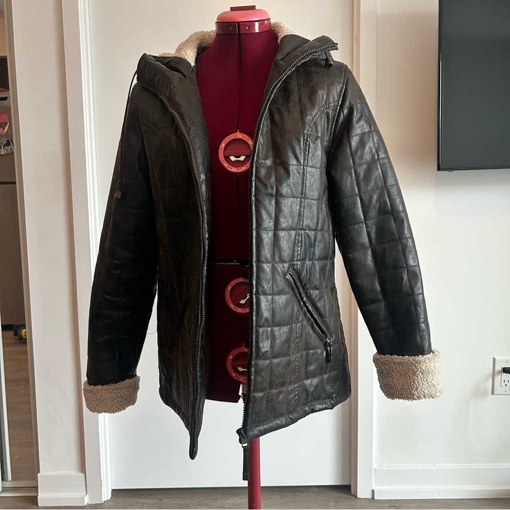 Brown Quilted Jacket with Shearling Cuffs